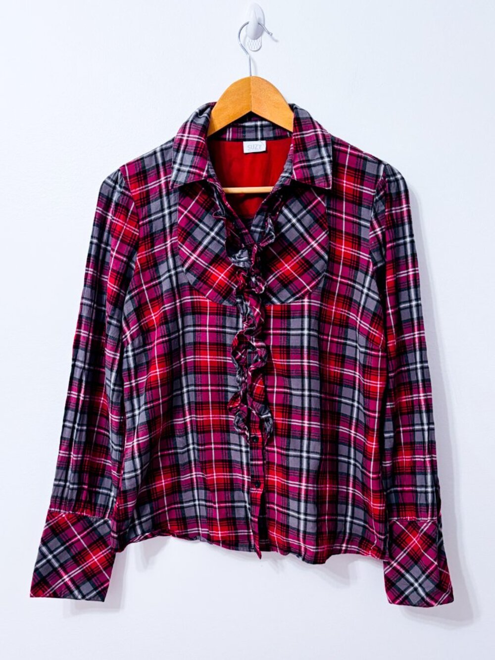 SUZY SHIER Red Grey Plaid Ruffle Button Front Long Sleeve Blouse Large